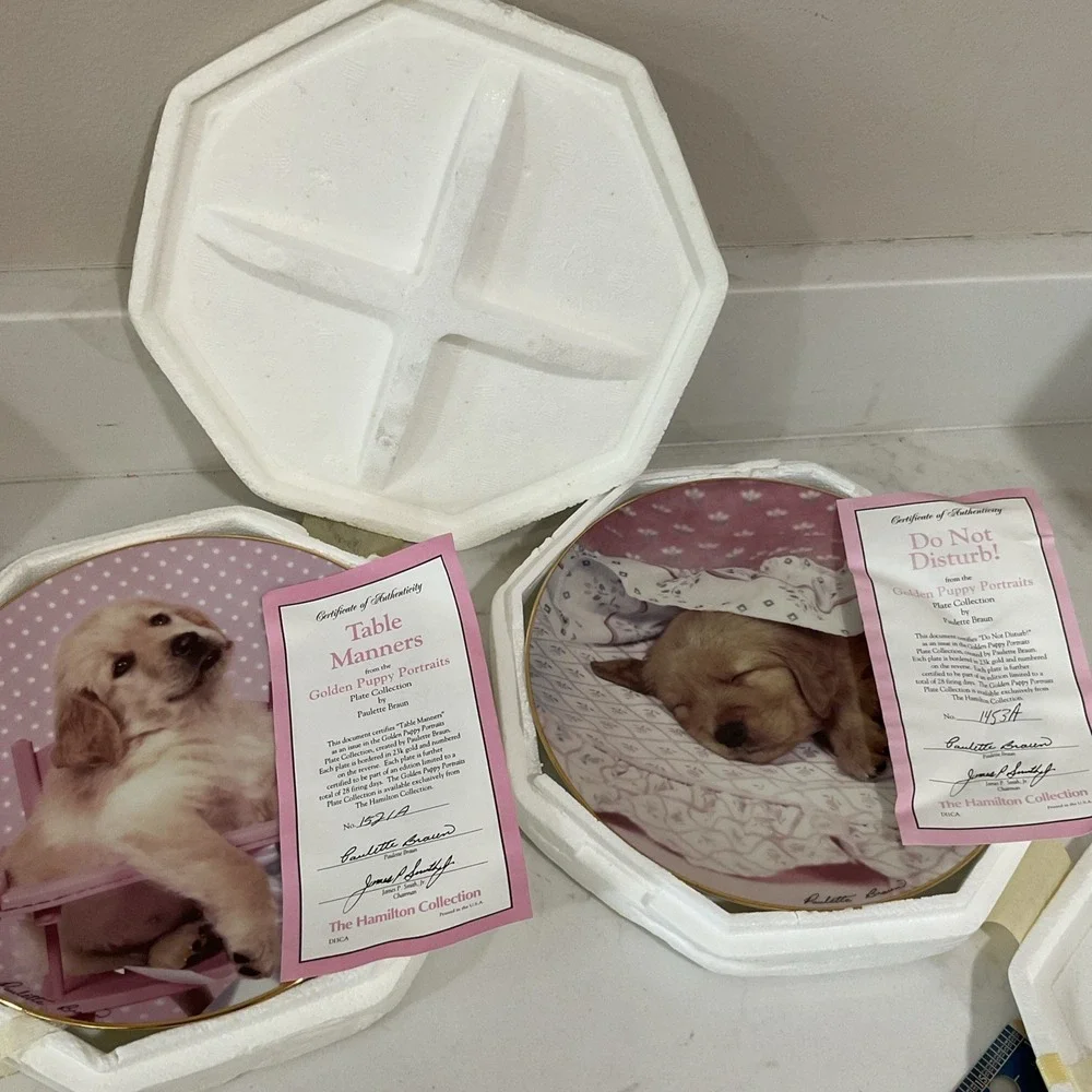 VTG Golden Puppies Collector Plate Dog Portrait Decorative Wall Plate Gold Rim